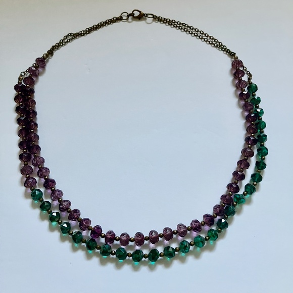 Purple and Green Faceted Czech Glass Beaded Layered Necklace Brass Accents - Picture 12 of 12